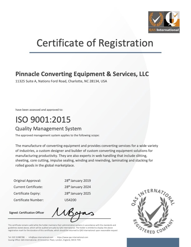 Pinnacle Converting Equipment ISO Certified 2022